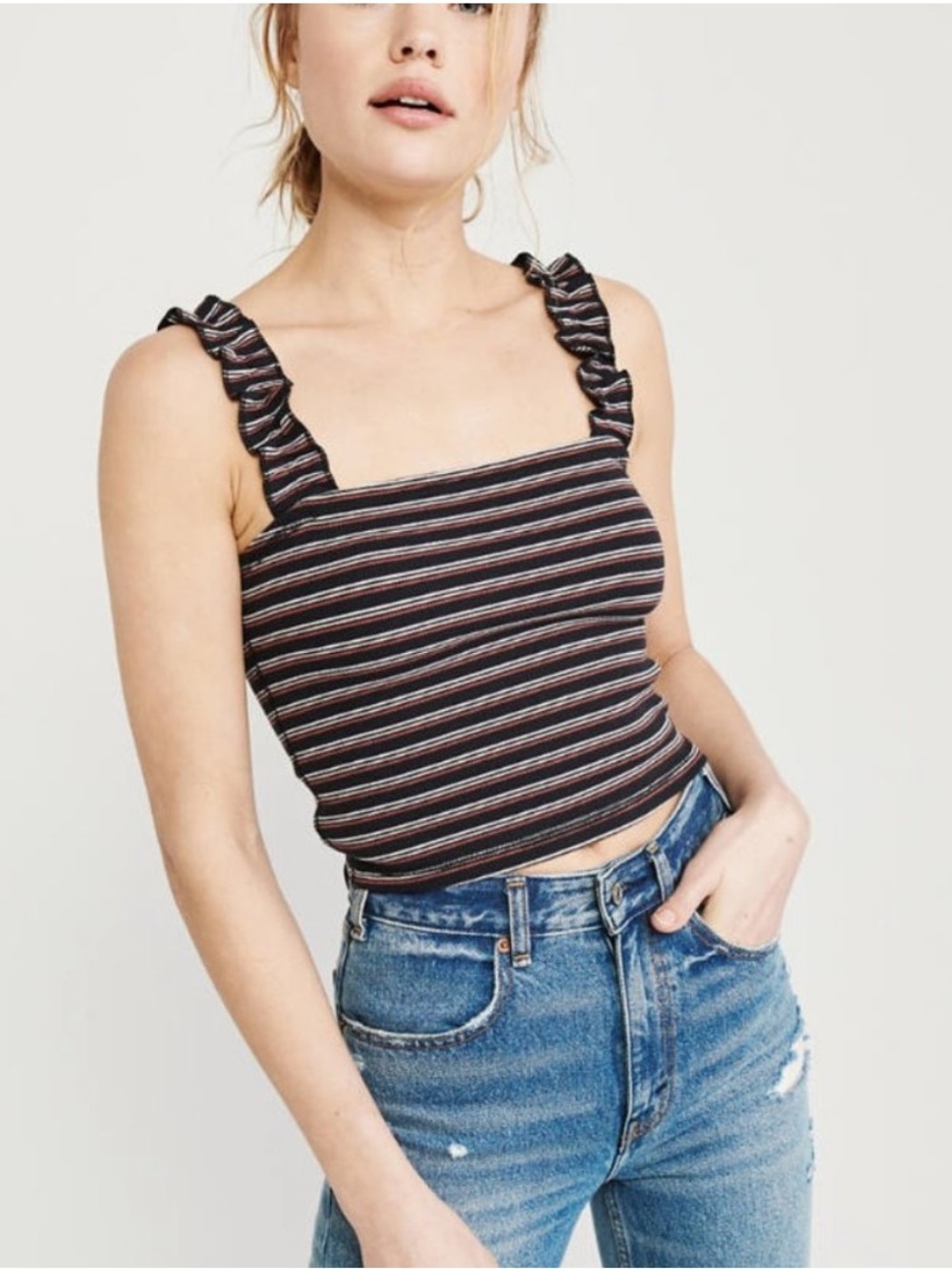 Abercrombie & Fitch Black Multicolor Striped Ruffle Strap Crop Tank